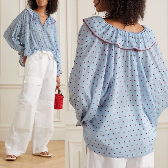 Doen Tops - DOEN Jemma Embroidered Polka Dot Organic Cotton Blouse Blue Red Top Size Small